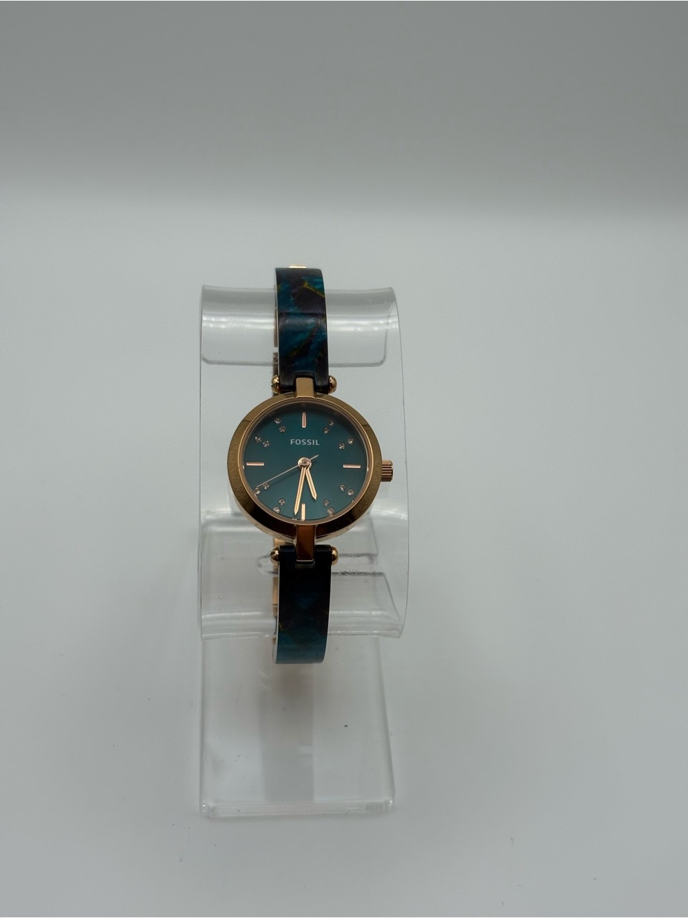 Fossil Rose Gold Teal Dial Slim Bracelet Watch BQ3581 New Battery Works